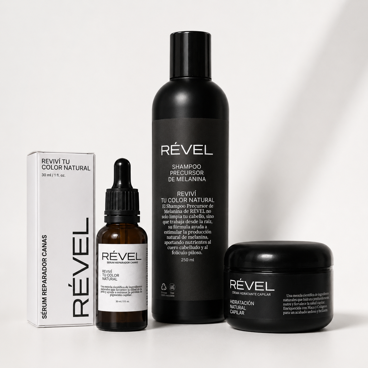 RÉVEL RUTINA COMPLETA - 1 SERUM - 1 SHAMPOO - 1 CREMA
